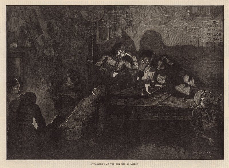 Opiumrökning i East End of London (gravyr) av William Bazett Murray