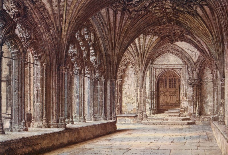 Dörröppning från Cloisters till Martyrdom, Canterbury Cathedral (färglitografi) av William Biscombe Gardner