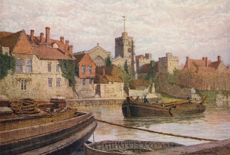 Maidstone, baksidan av det gamla palatset, kyrkan och Old College från andra sidan Medway (färglitografi) av William Biscombe Gardner
