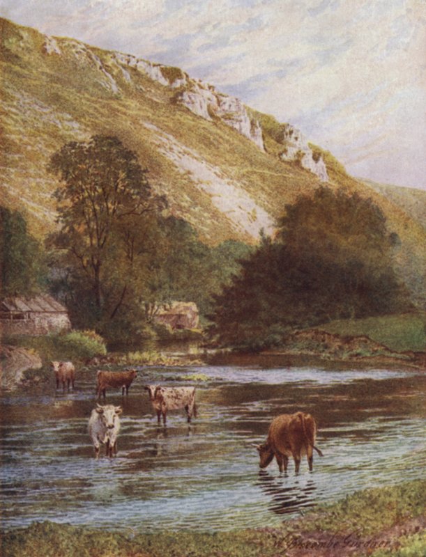 On the Wye, Upper Dale Farm, Monsal Dale (färg litho) av William Biscombe Gardner