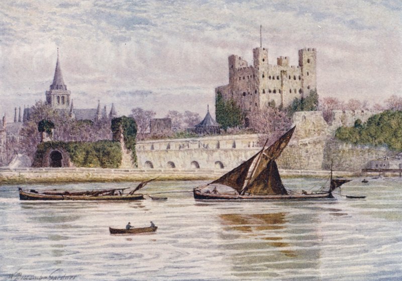 Rochester Castle och katedralen från andra sidan Medway (färglitografi) av William Biscombe Gardner