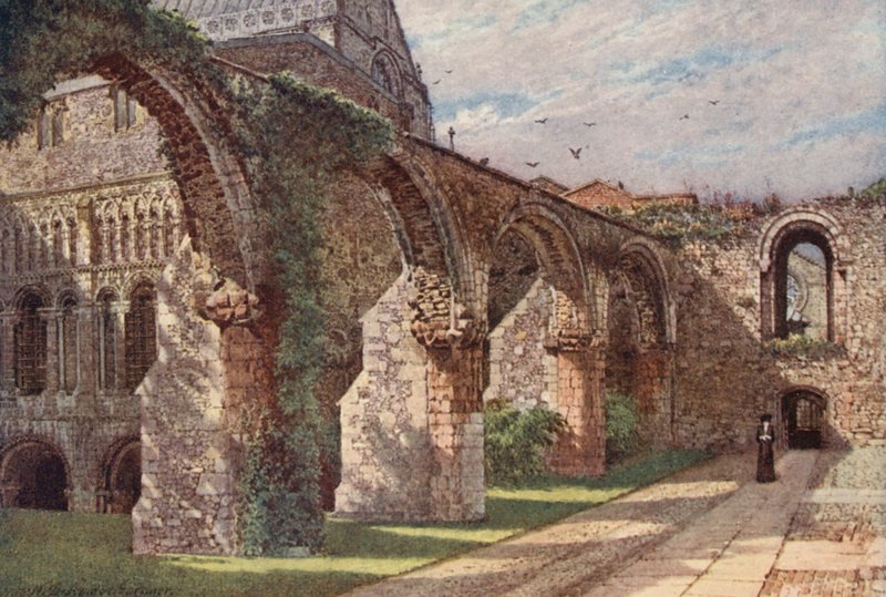 Ruinerna av sjukstugan, Canterbury Cathedral (färglitografi) av William Biscombe Gardner