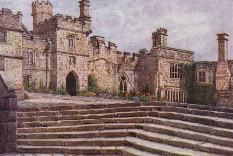 The Lower Courtyard, Haddon Hall (färg litho) av William Biscombe Gardner