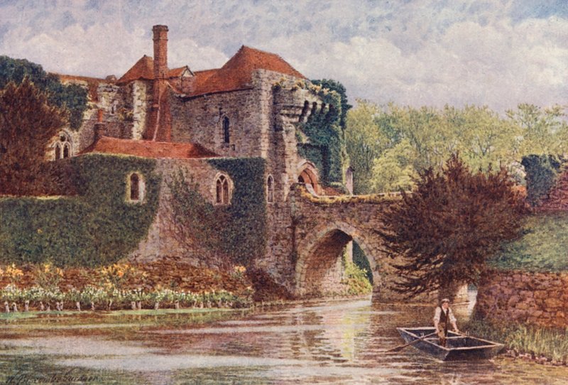 Den gamla porten och bron, Leeds Castle (färglitografi) av William Biscombe Gardner