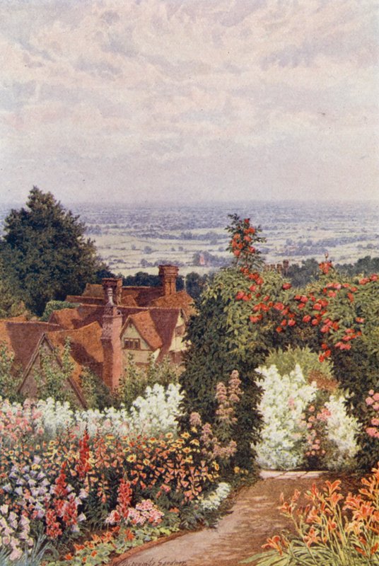 The Weald från Doktorns trädgård, Sutton Valence (färglitografi) av William Biscombe Gardner