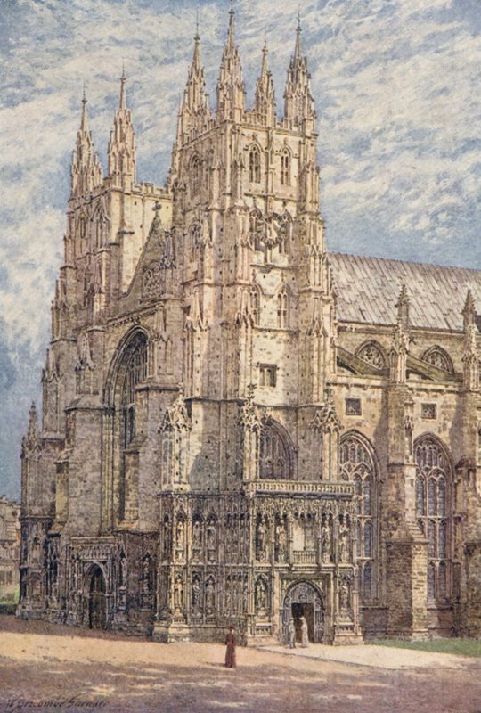 De västra tornen och den sydvästra ingången till katedralen i Canterbury (färglitografi) av William Biscombe Gardner