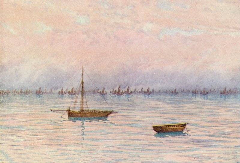 Whitstable Oyster Fleet muddrar utanför Herne Bay (färglitografi) av William Biscombe Gardner