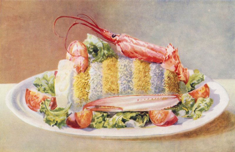 Dressad torsk med kräftor (färglitografi) av William Bradshaw Handforth