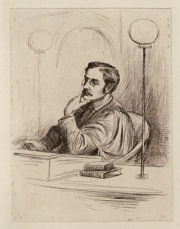 Joseph Shield Nicholson, professor i kommersiell och politisk ekonomi samt handelsrätt (gravyr) av William Brassey (after) Hole