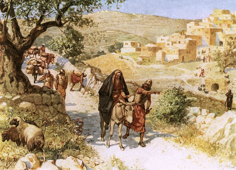 David, som flyr från Jerusalem, blir förbannad av Shimei av William Brassey Hole