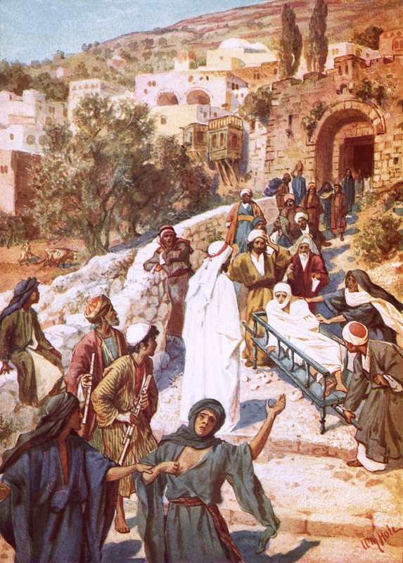 Jesus uppväcker en ung man från de döda i en stad som heter Nain av William Brassey Hole