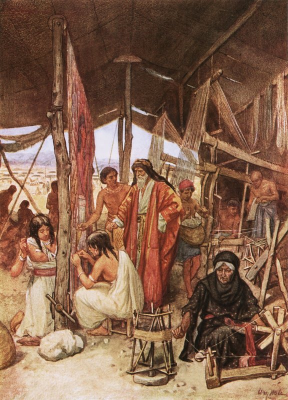 Moses inspekterade vävningen och broderierna av tabernaklets hängningar av William Brassey Hole