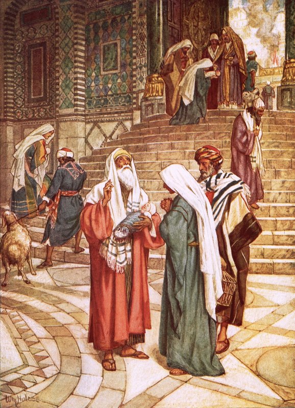 Barnet som Jesus tog med till templet och erkändes av Simeon som frälsaren av William Brassey Hole