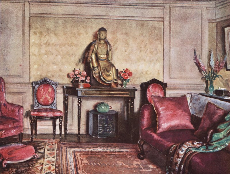 Inredning och dekoration: Ett inredningsprogram som visar en lyckad användning av rosa (färglitografi) av William Bruce Ellis Ranken