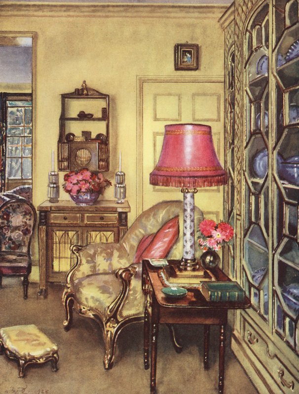 Inredningsdekoration: En liten gul salong (färglitografi) av William Bruce Ellis Ranken