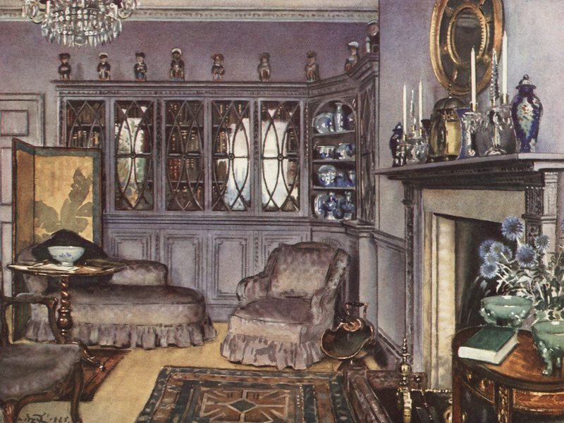 Inredning och dekoration: Vardagsrum i lila-grått (färglitografi) av William Bruce Ellis Ranken