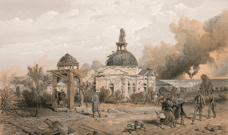 Kyrka på baksidan av Redan, tittar norrut, och visar effekterna av skott och granater av William Crimea Simpson