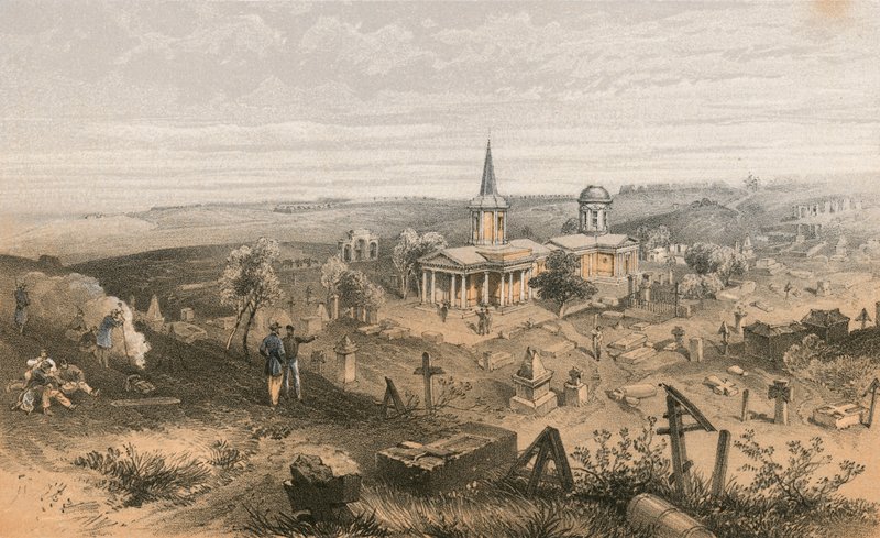 Karantänkyrkogård och kyrka med franskt batteri nr 50 av William Crimea Simpson