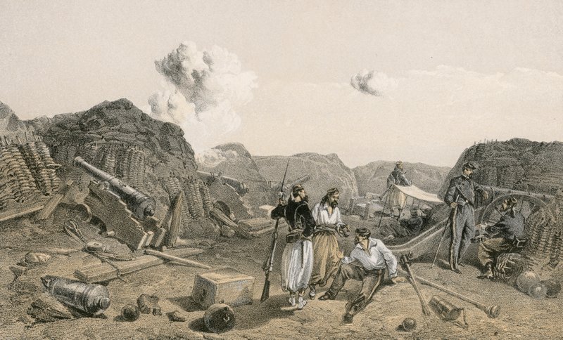 Skiss i det inre av Mamelon Vert, blickande söderut av William Crimea Simpson