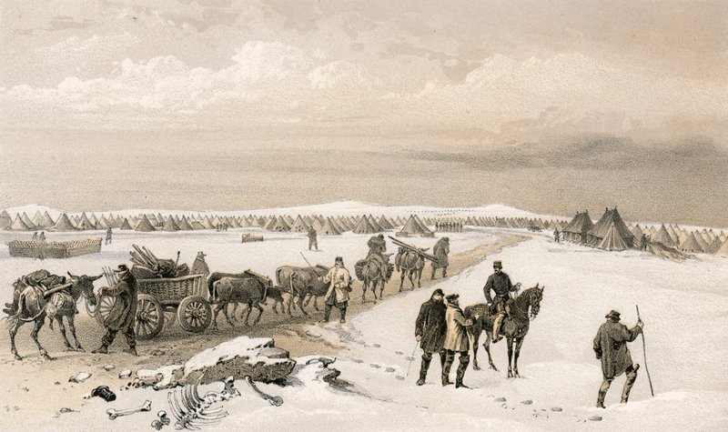 1:a divisionens läger, med utsikt norrut mot 2:a divisionens läger, Inkermannhöjden i fjärran. av William Crimea Simpson