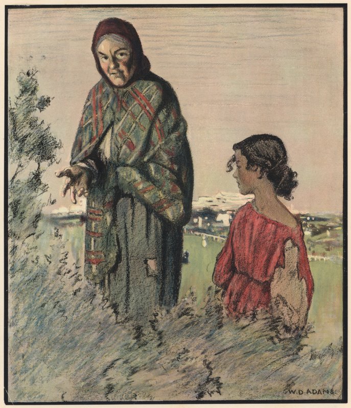 The Gipsy, "Berätta om din förmögenhet, vackra gentleman" (färg litho) av William Dacres Adams