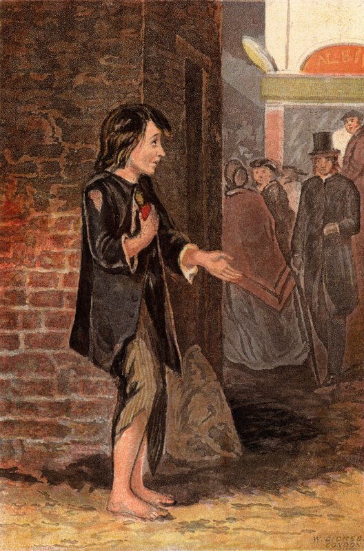 Ett barn som tigger pengar för att köpa bröd (chromolitho) av William Dickes