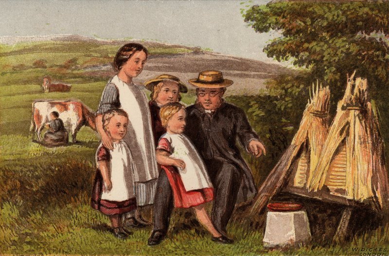 Bransch: familj på landsbygden med bikupor (chromolitho) av William Dickes