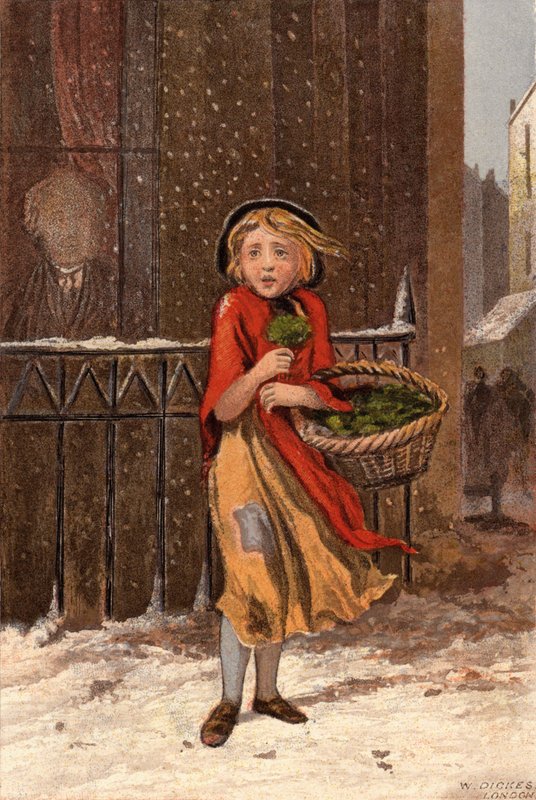 Stackars flicka som säljer vattenkrasse på en snöig gata (chromolitho) av William Dickes