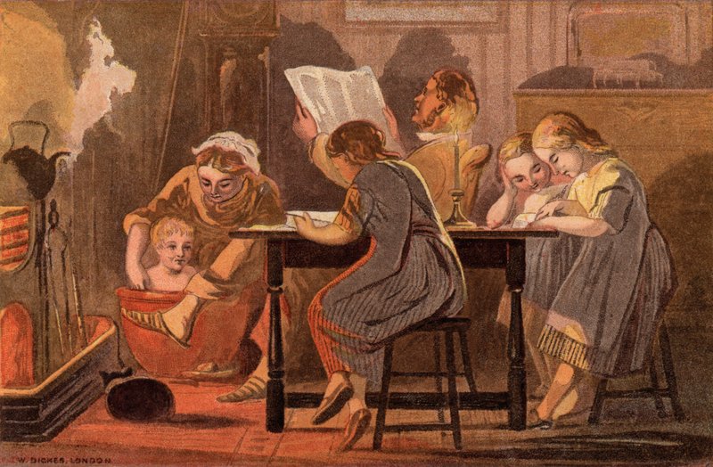 Saturday Night: en familj som läser och roar sig på kvällen (chromolitho) av William Dickes