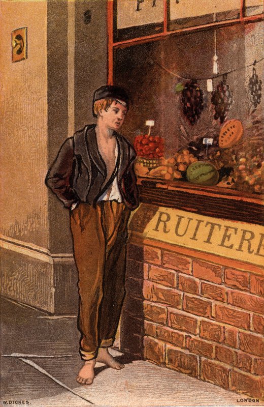 Frestelse: stackars ung man tittar in i ett skyltfönster på tropiska frukter (chromolitho) av William Dickes