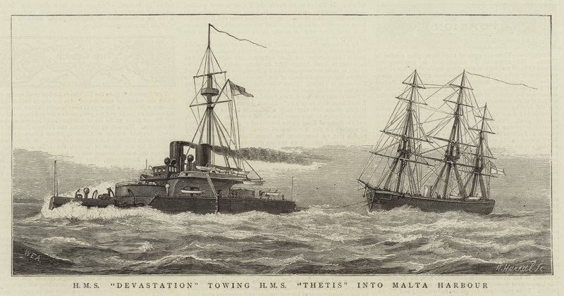 HMS Devastation bogserar HMS Thetis till Maltas hamn av William Edward Atkins