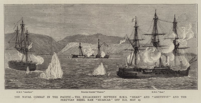 Sjöstriden i Stilla havet, förlovningen mellan HMS Shah och Amethyst och den peruanska rebellen Ram Huascar utanför Ilo, 29 maj av William Edward Atkins