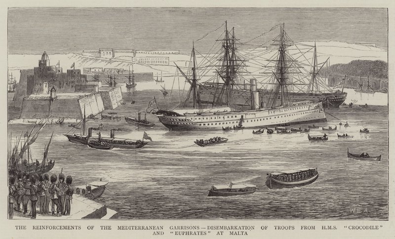 Förstärkningar av garnisonerna i Medelhavet, landstigning av trupper från HMS Crocodile och Eufrat vid Malta av William Edward Atkins