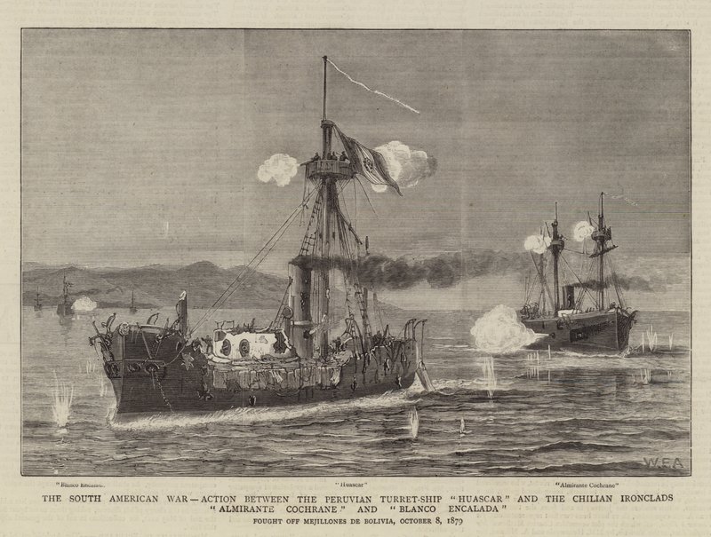 Det sydamerikanska kriget, aktion mellan det peruanska tornskeppet Huascar och de chilenska järnklädena Almirante Cochrane och Blanco Encalada av William Edward Atkins