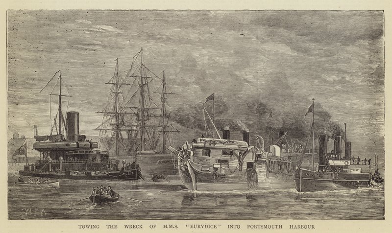 Bogsering av vraket av HMS Eurydice till Portsmouths hamn av William Edward Atkins