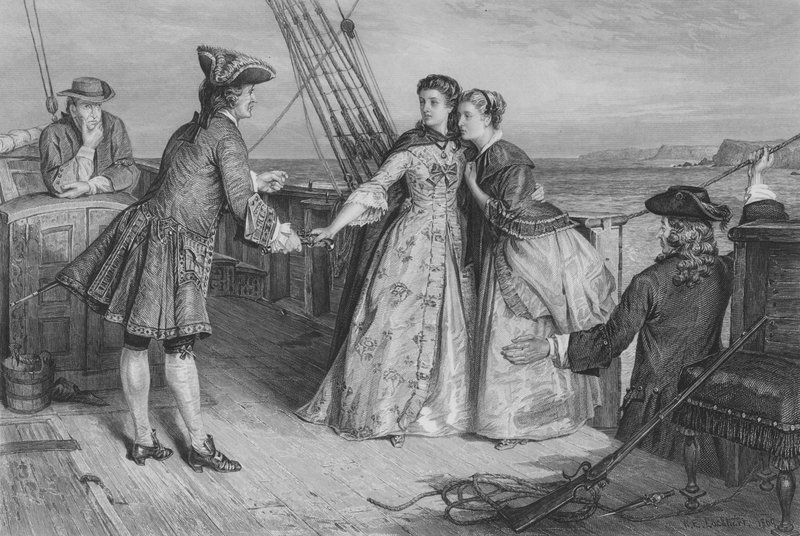 Minna tar pistolen från Bunce för att försvara sig själv och sin syster (gravyr) av William Ewart Lockart