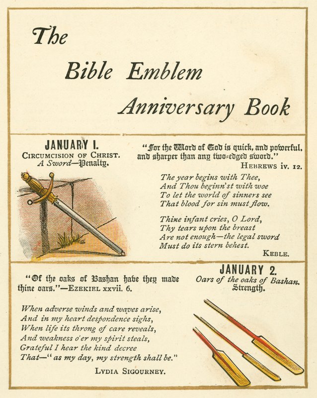 Sida från The Bible Emblem Anniversary Book (färglitografi) av William Foster
