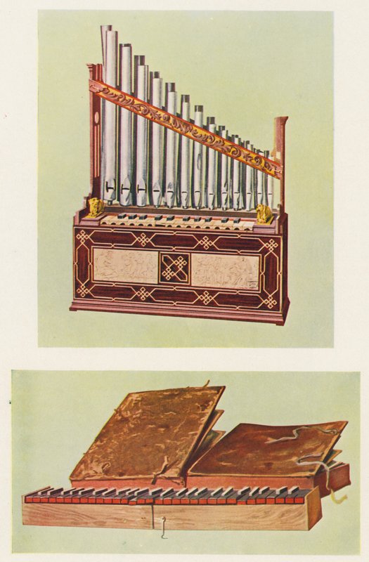 Musikinstrument: Bärbar orgel och bibelregal (färglitografi) av William Gibb