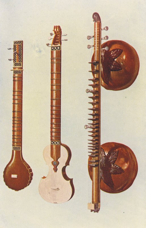 Musikinstrument: Sitarer och Vina (färglitografi) av William Gibb