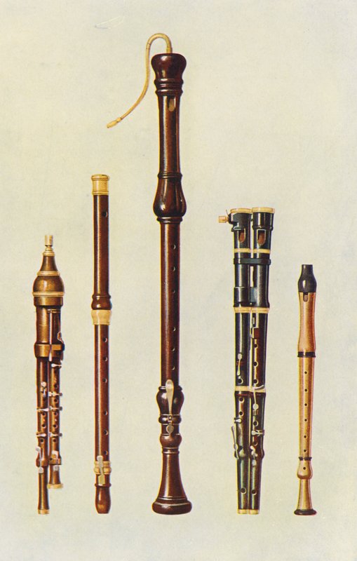 Musikinstrument: Två dubbla flageoletter, en tysk flöjt och två flutes douces (färglitografi) av William Gibb