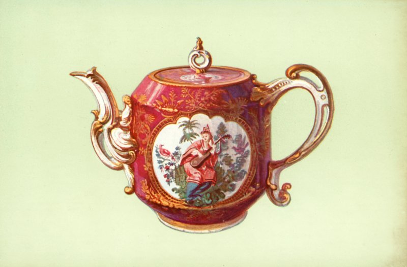 Tekanna, Chelsea, Claret-färg, med figurer efter Watteau (färg litho) av William Gibb