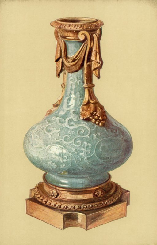Vas, kinesisk Celadon Ware med Louis XVI, Ormolu Mount (färg litho) av William Gibb
