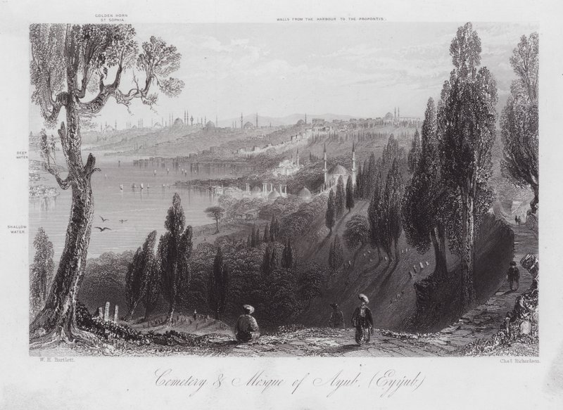 Kyrkogården och moskén i Ayub, Eyyub (gravyr) av William H. Bartlett