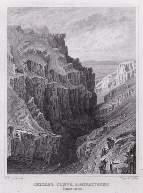 Cheddar Cliffs, Somersetshire, blickar söderut (gravyr) av William H. Bartlett