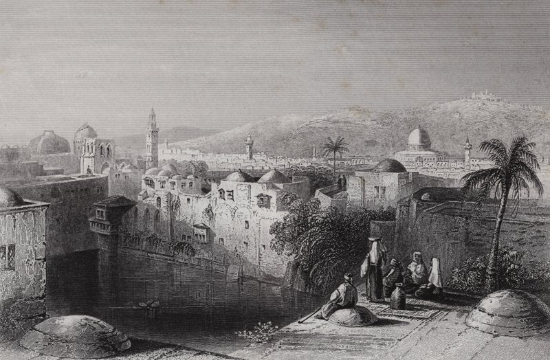 Hiskias pool, Jerusalem (gravyr) av William H. Bartlett