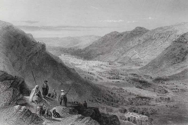 Sichems och Nablous dal, det gamla Shechem (gravyr) av William H. Bartlett