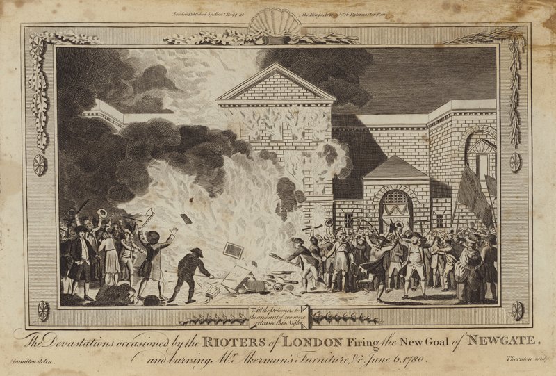 Förödelsen orsakad av upploppsmakarna i London som avfyrade den nya fängelset Newgate av William Hamilton
