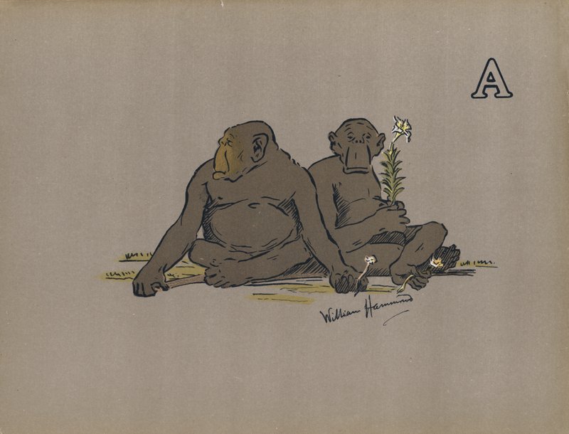 Bokstav A, estetiska antropoida apor som antar onormalt apatiska attityder (färg litho) av William Hammond