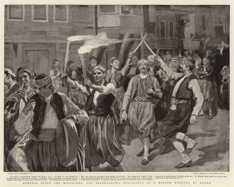 Armenien efter massakern, brudgummens procession vid ett muslimskt bröllop i Adana av William Hatherell