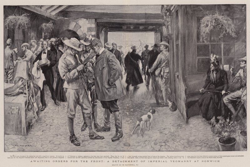 Väntar på order för fronten, en avdelning av kejserliga Yeomanry i Norwich av William Hatherell